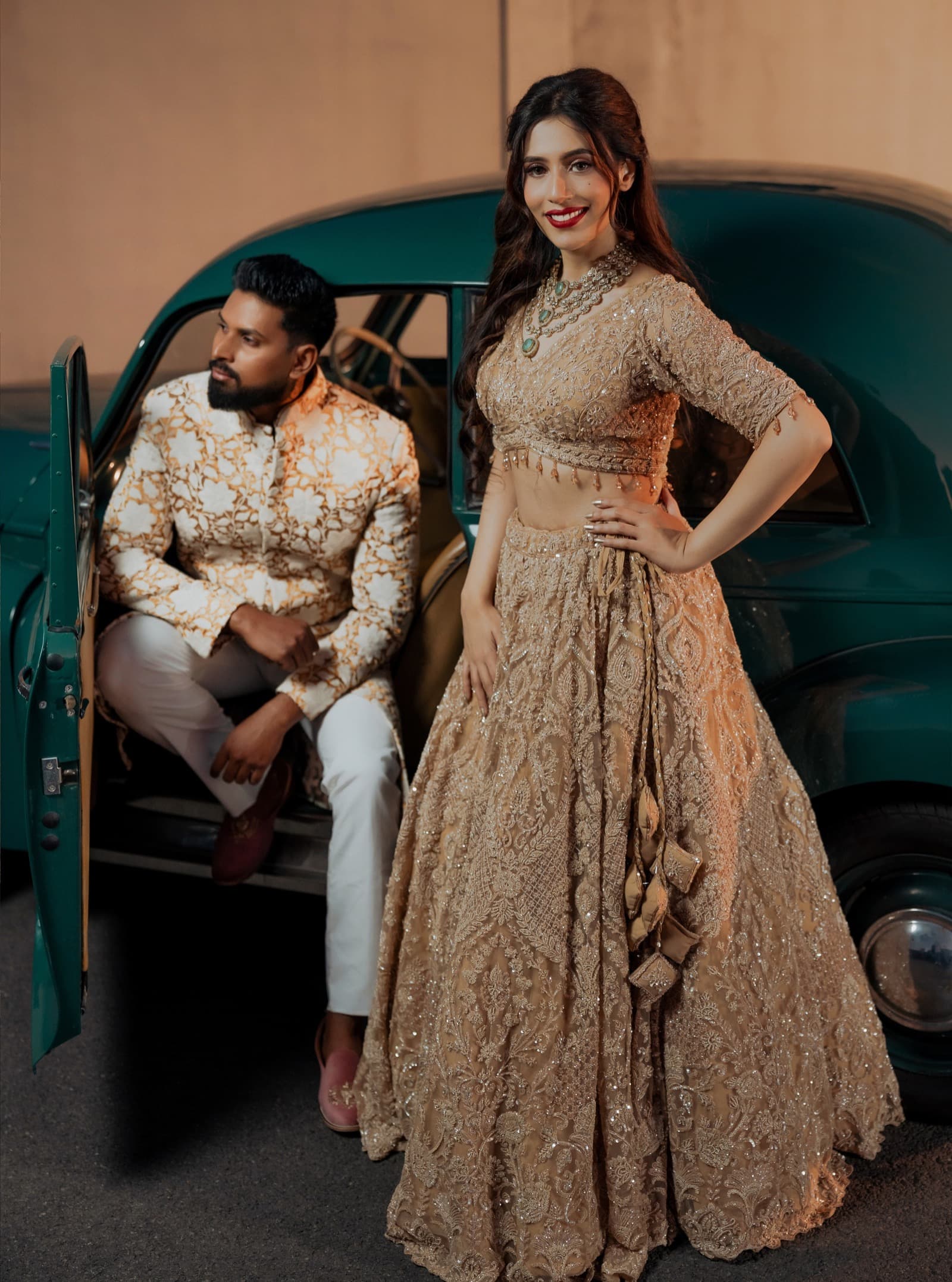 Bride and groom in Shehnayee couture
